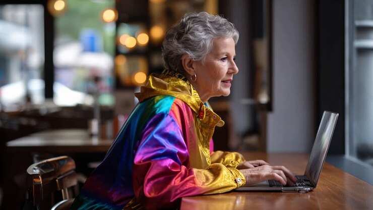 Una donna in giacca colorata usa il portatile al tavolo di un caffè. Sorride, concentrata sullo schermo. La luce calda esalta il suo atteggiamento rilassato. Ideale per scene di coinvolgimento digitale o indipendenza degli anziani.