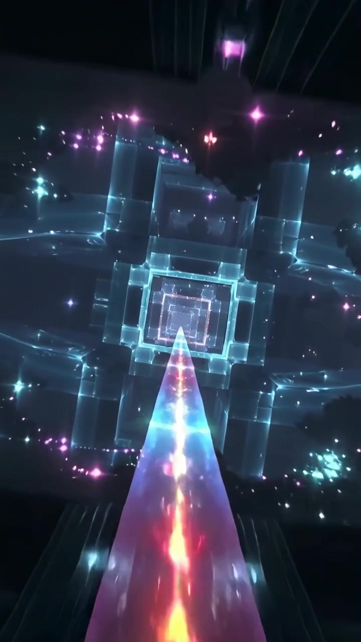 Video verticale: Telecamera in movimento che dirige un raggio verso un portale interno in cornici ciano generate al computer, con scintille pulsanti