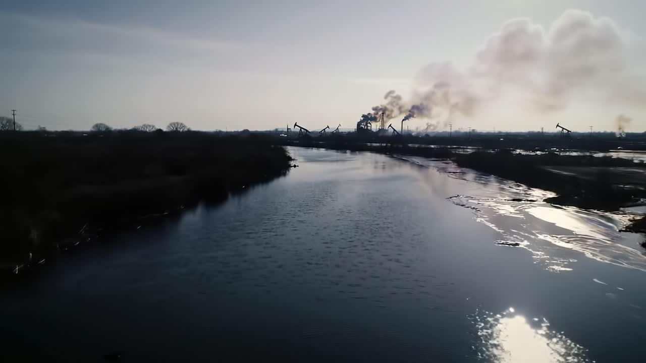 Luftfoto af industrielt landskab med flod og skorstene, der udleder forurenende stoffer i luften, der skildrer miljømæssige bekymringer og industriel aktivitet