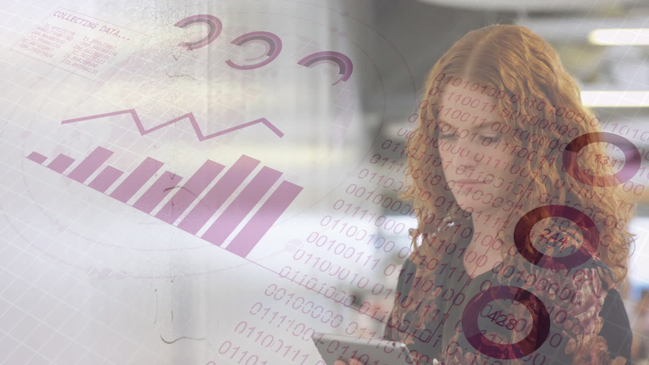 animación del procesamiento de datos financieros sobre una mujer de negocios caucásica que trabaja en la oficina