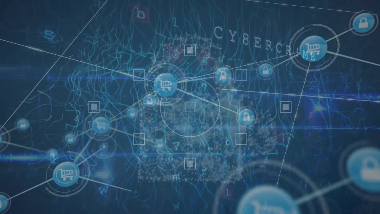 Animation of data processing and media icons over blue background