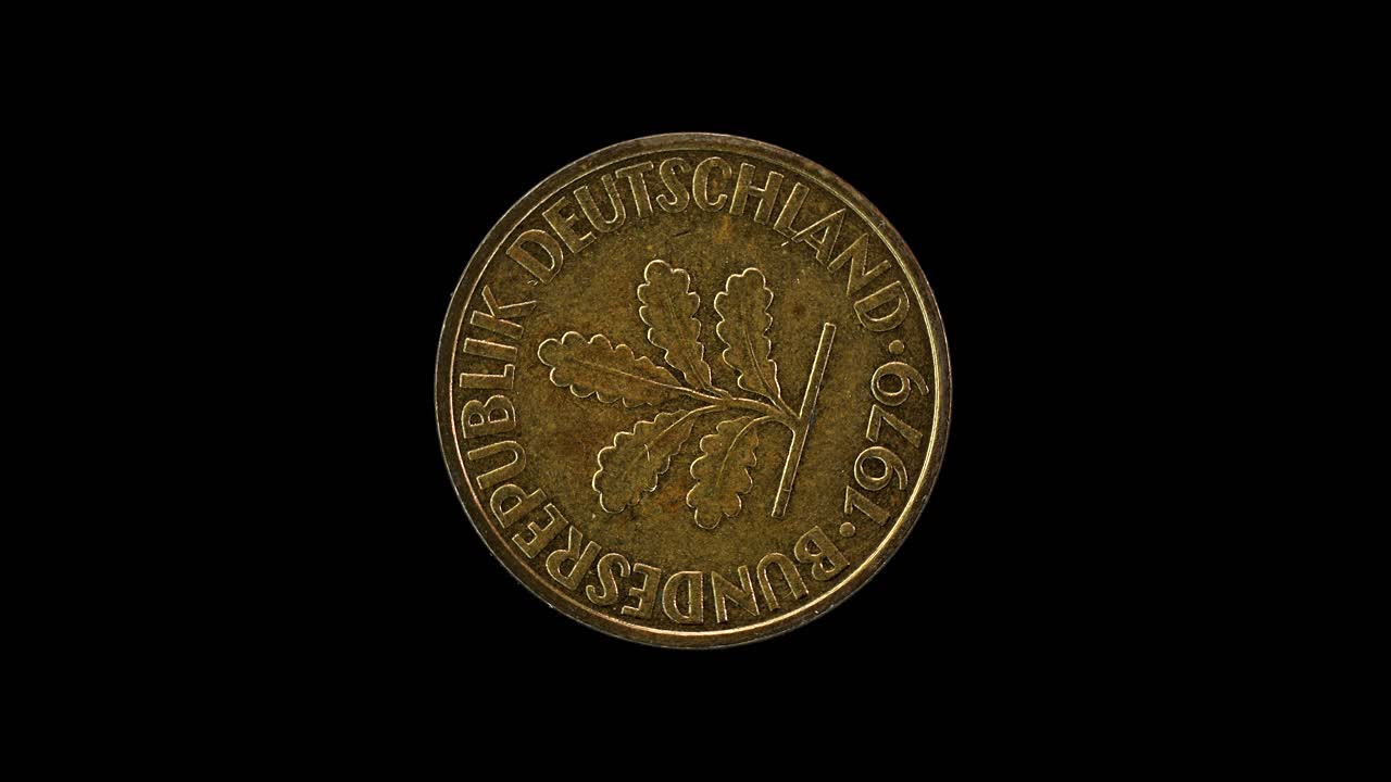 Germany 10 pfennig 1979 obverse with oak sprig macro loop on black background