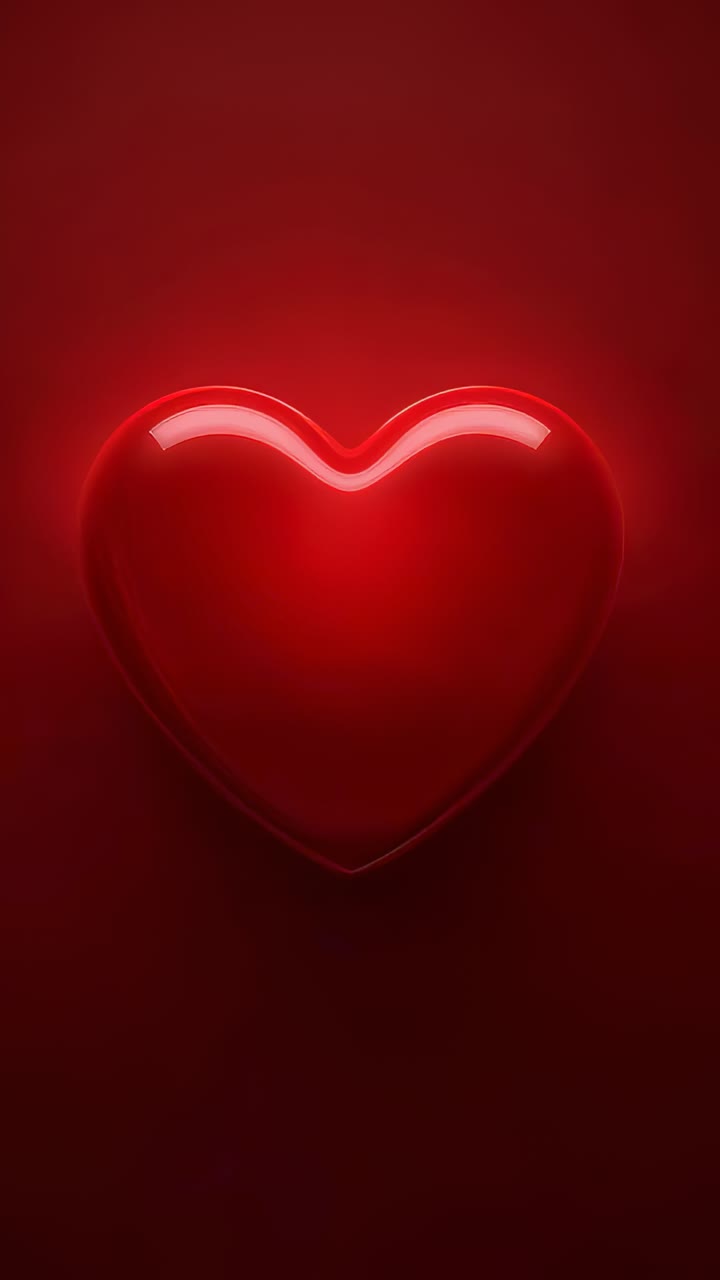 Video verticale: cuore rosso lucido e pulsante che segue la luce, con variazioni di brillantezza e ombre in gradiente rosso