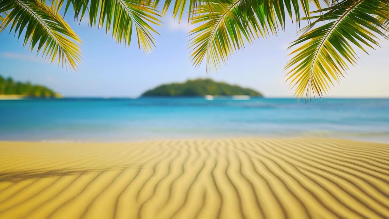 Tropical Beach View With Palm Leaves and Sand Ripples