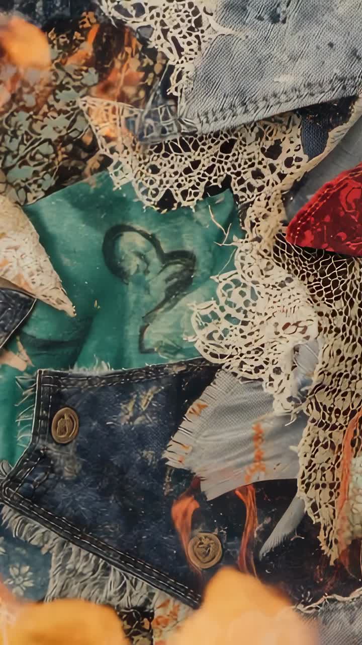 Vertical video: Sparking flames burning collage on table, with denim lace patches teal heart patch