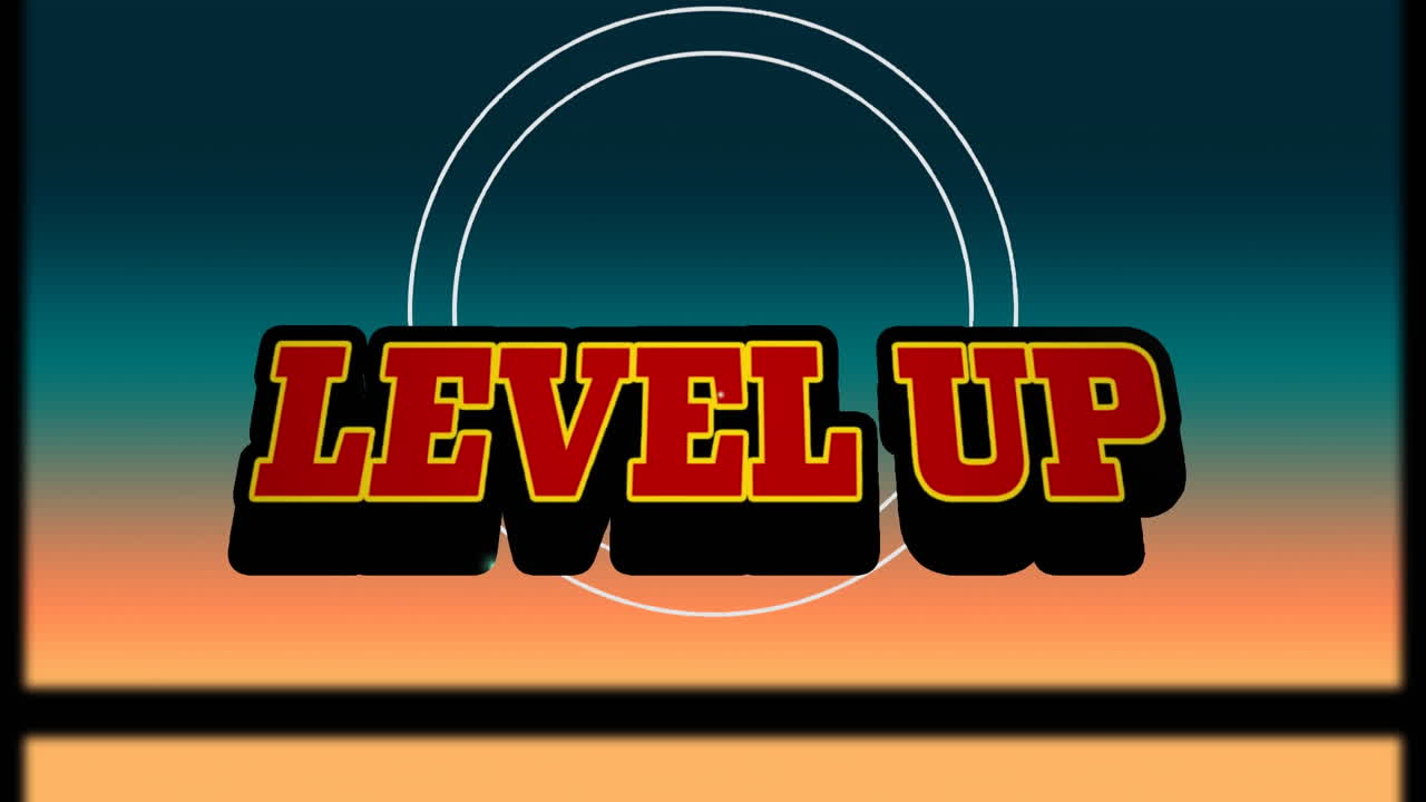 animación del nivel de texto rojo hacia arriba, sobre explosión, blanqueamientos y marco deslizante, en el fondo del atardecer