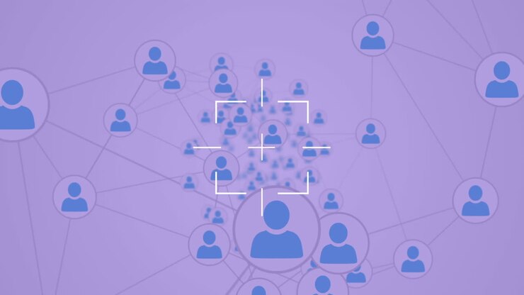 Animation of marker flashing, network of connections with people icons on purple background