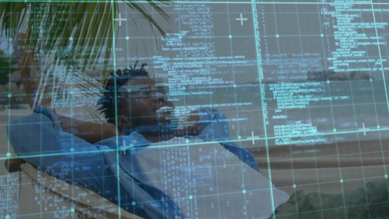 Man reclining on lounge chair under palm fronds, code grid overlay illustrating technology theme