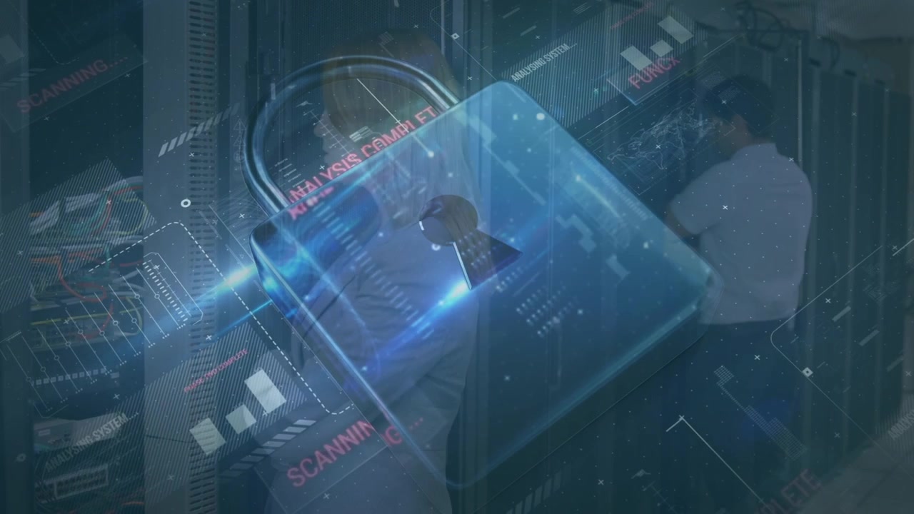 Animation of padlock and data processing over caucasian male it technician by server