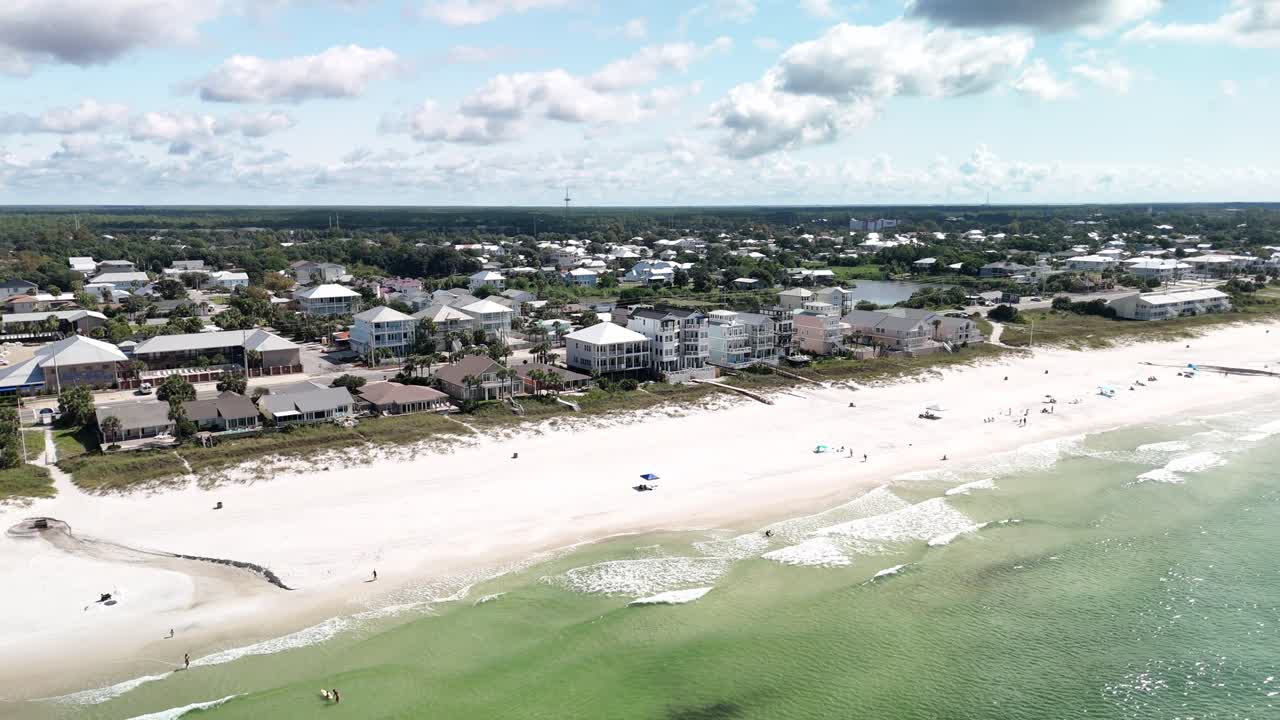 White Sand Shore With Beachfront Houses In Town Of Panama City Beach, Florida. orbiting drone shot