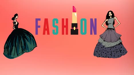 animation of fashion drawing of models and fashion text, on red background