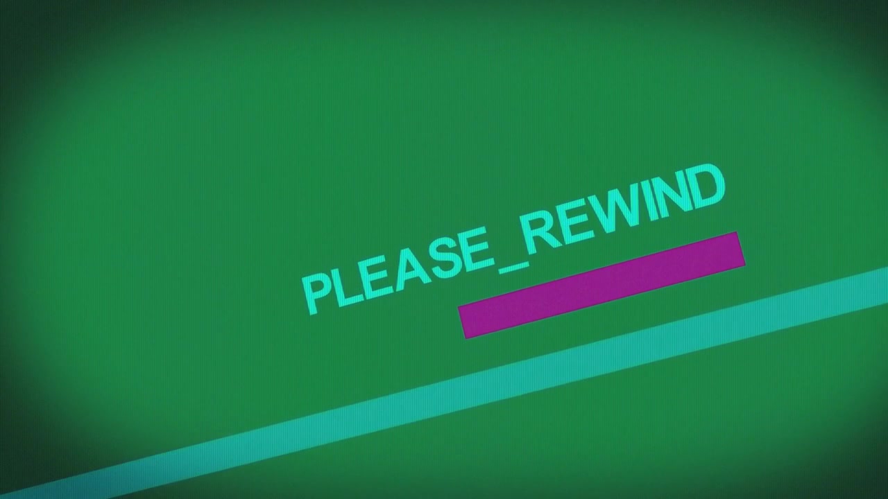 Magenta mark glowing, PLEASE_REWIND text tilting, bar sliding for rewind, transparent background