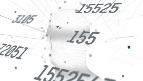 animation of scientific data processing over spinning model of human head on white background