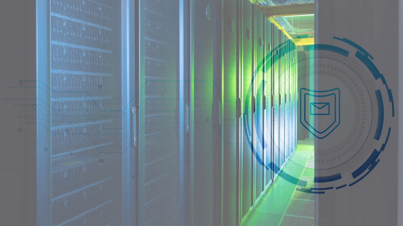 Animation of envelope and shield in loading circles over server room
