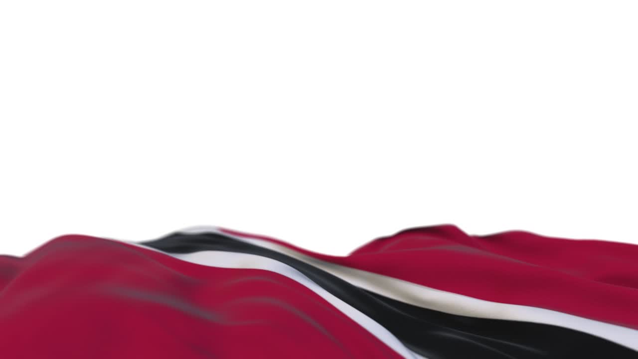 trinidad y tobago bandera de tela ondeando en el bucle del viento. trinidad y tobago bordado estandarte de tela cosida balanceándose en la brisa. fondo blanco medio lleno. lugar para el texto. bucle de 20 segundos.