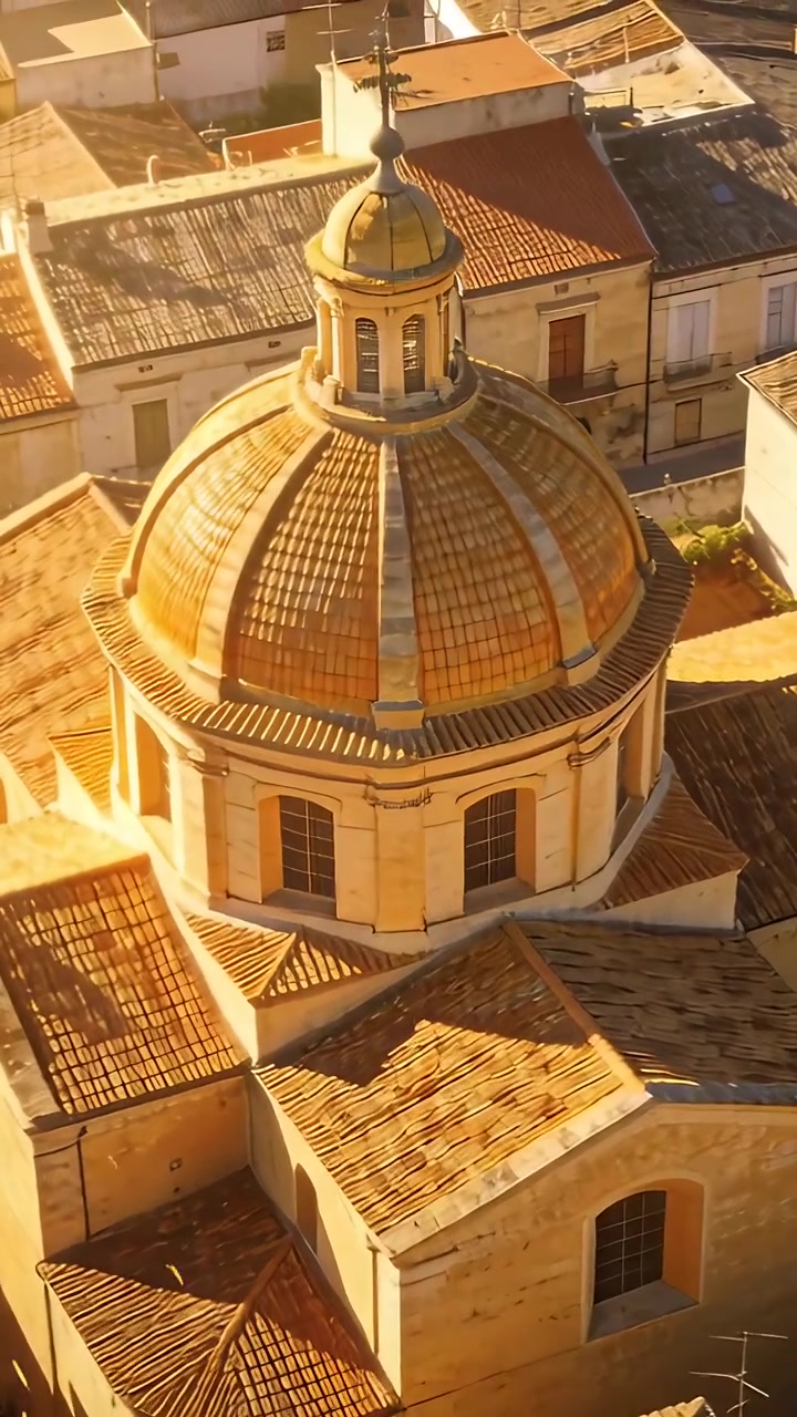 Video verticale: Drone che scivola rivelando una cupola sopra tetti di tegole in una città stretta, mettendola in risalto.