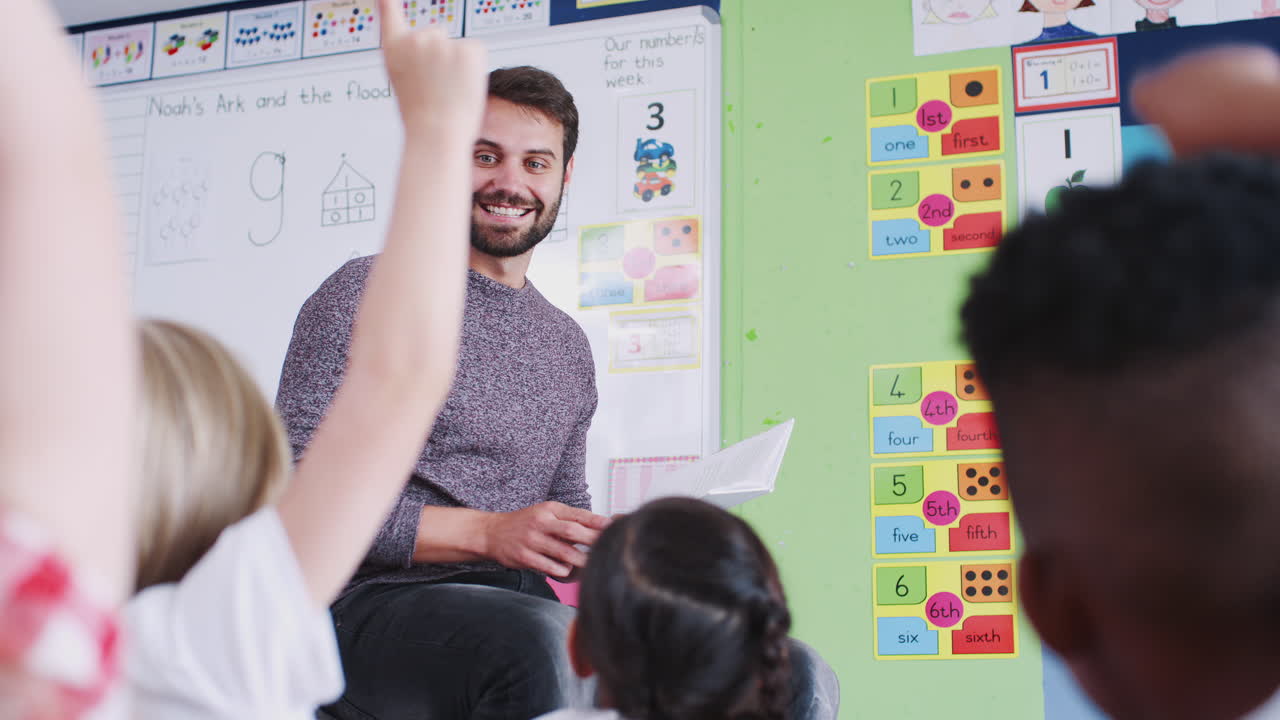 alumnos de primaria levantando las manos para responder a una pregunta mientras el maestro lee una historia en el aula