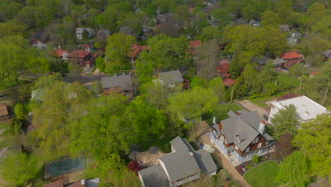 Aerial flyover houses in University City neighborhood in St