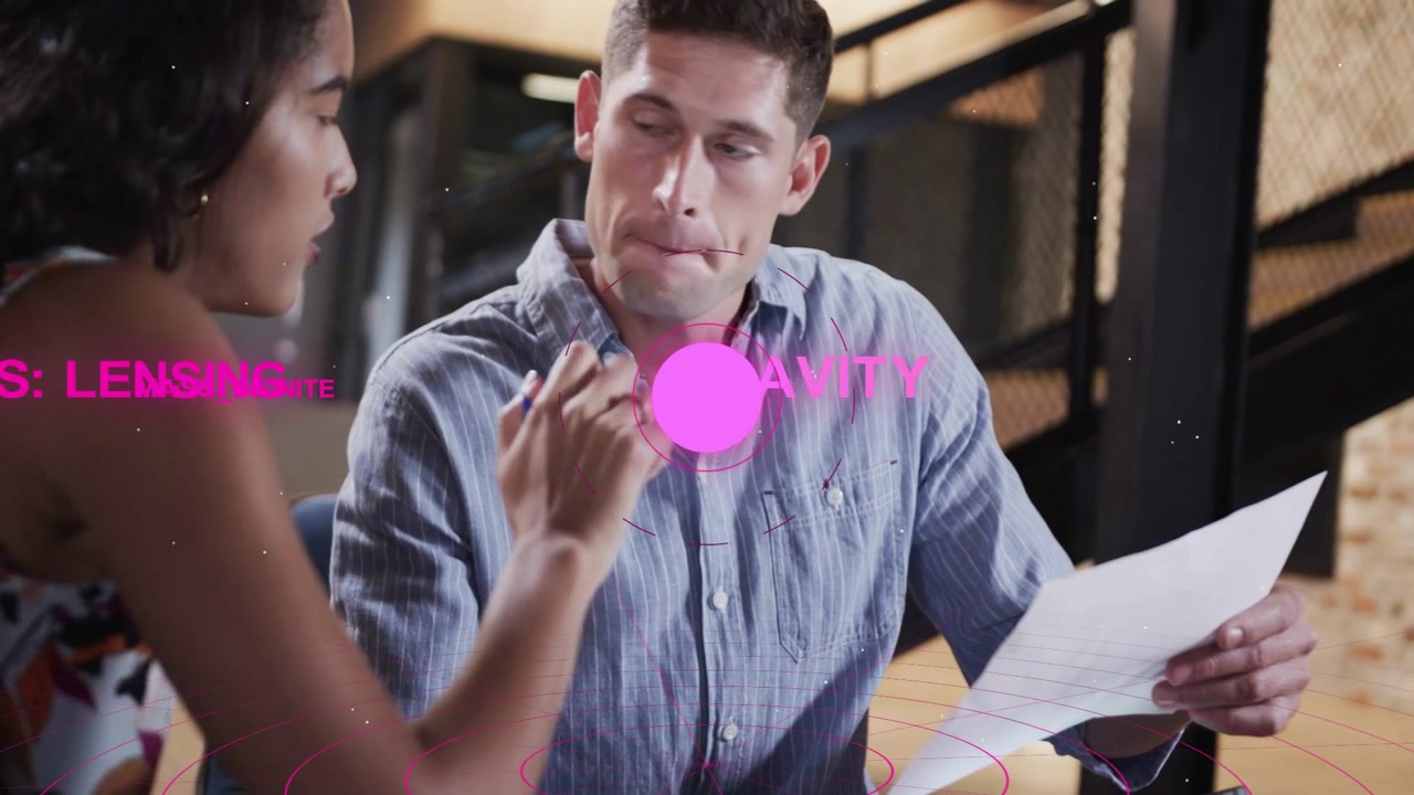 Woman handing docs and pointing causing man flipping docs while pink HUD masking reviewing business
