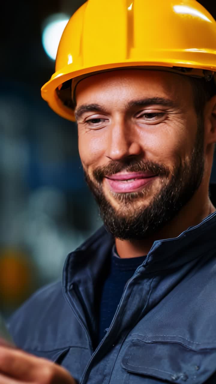 Operaio sorridente con cappello: uno sguardo ravvicinato a uno spirito costruttivo che abbraccia tecnologia e lavoro di squadra in un ambiente di lavoro moderno