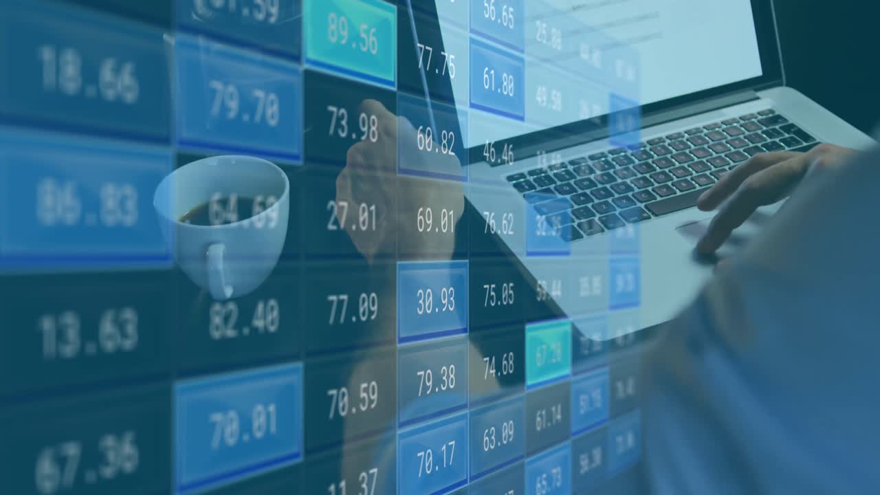 Animation of numerical report over caucasian businesswoman having coffee and using laptop