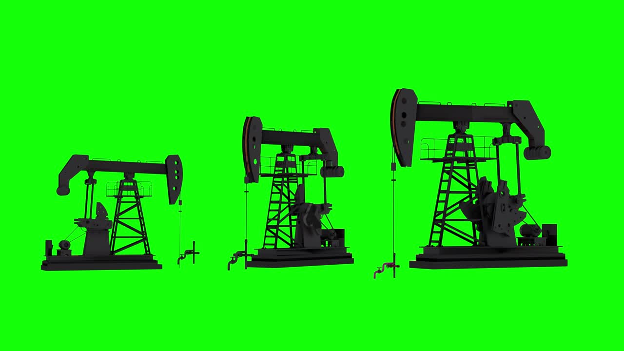 Oil field site, oil pumps are running render 3d loop on green background