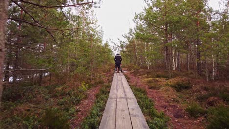 Persona-Que-Lucha-Con-Un-Cochecito-De-Bebé-En-Un-Estrecho-Camino-De-Madera-En-El-Bosque