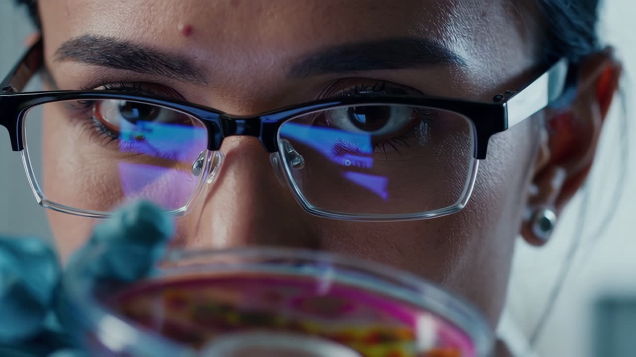 Close-up of a scientist or researcher examining a petri dish in a laboratory
