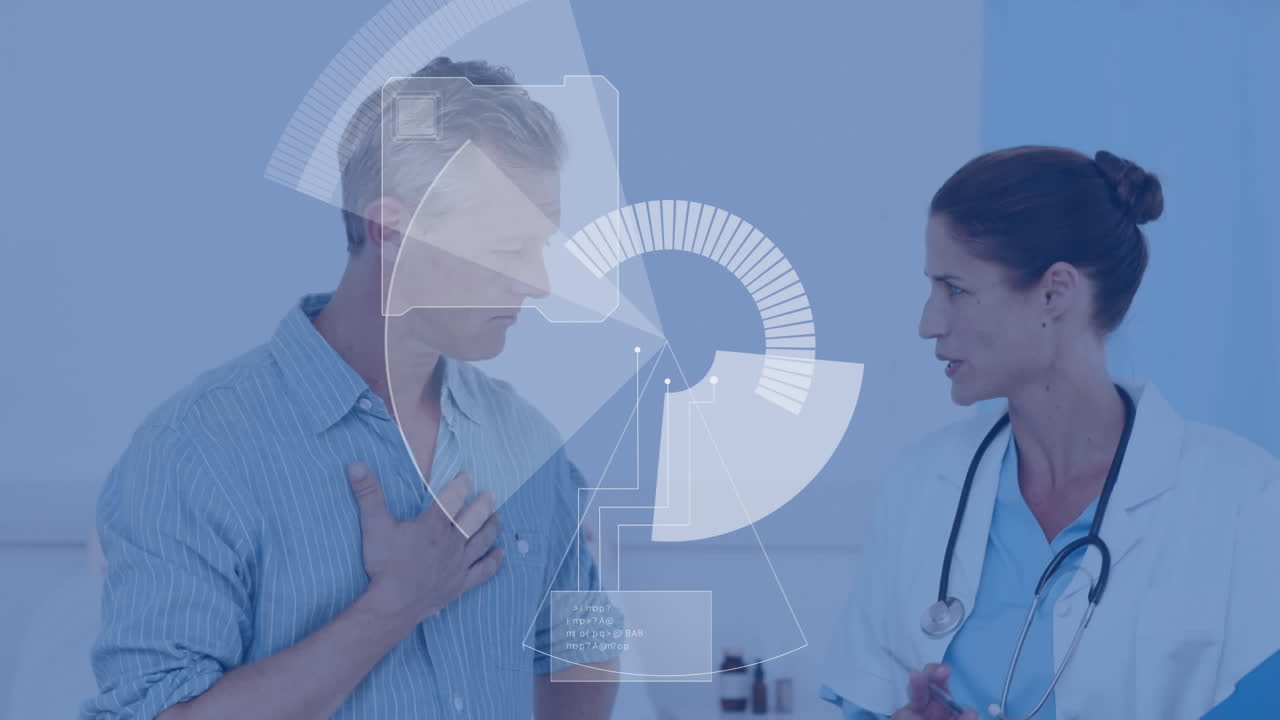 animación de escaneo de alcance sobre una doctora caucásica hablando con un paciente