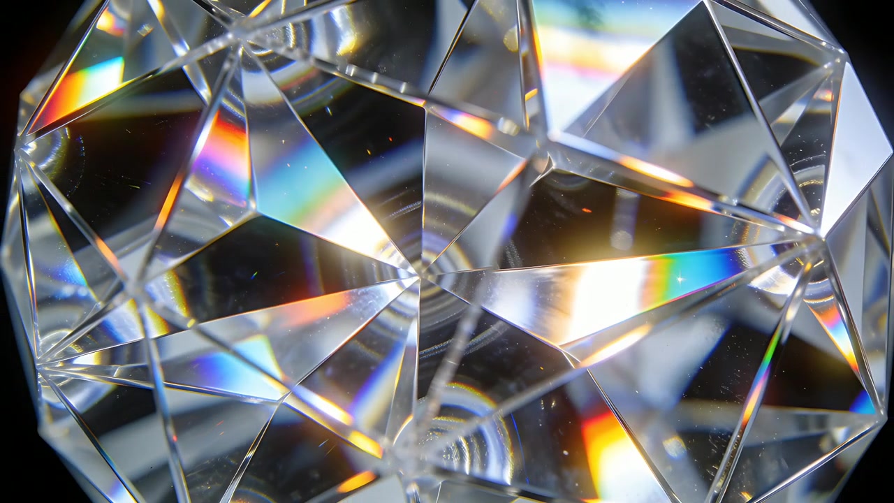 Luce puntiforme brillante che colpisce un cristallo sfaccettato, creando bande arcobaleno in movimento nella polvere visibile dello studio.