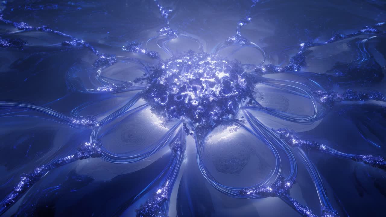 Luminous abstract fractal flower in deep blue and purple hues slowly blooming and pulsating with radiant light. This intricate and organic looking structure creates a mesmerizing visual experience