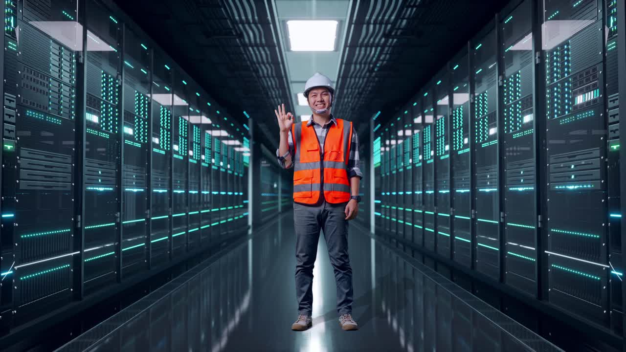 Full Body Of Asian Male Engineer With Safety Helmet Smiling And Showing Okay Gesture To The Camera While Standing in Server Room Data Center