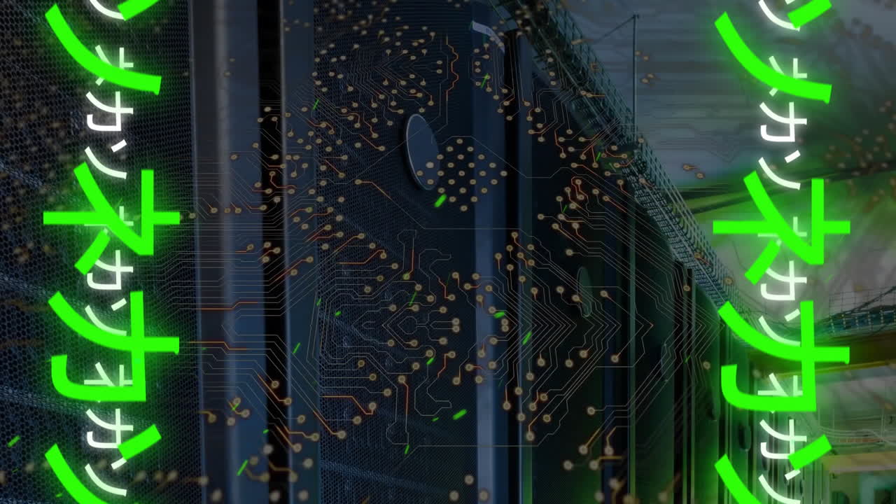 Animation of japanese writing, digital data processing and globe over computer servers