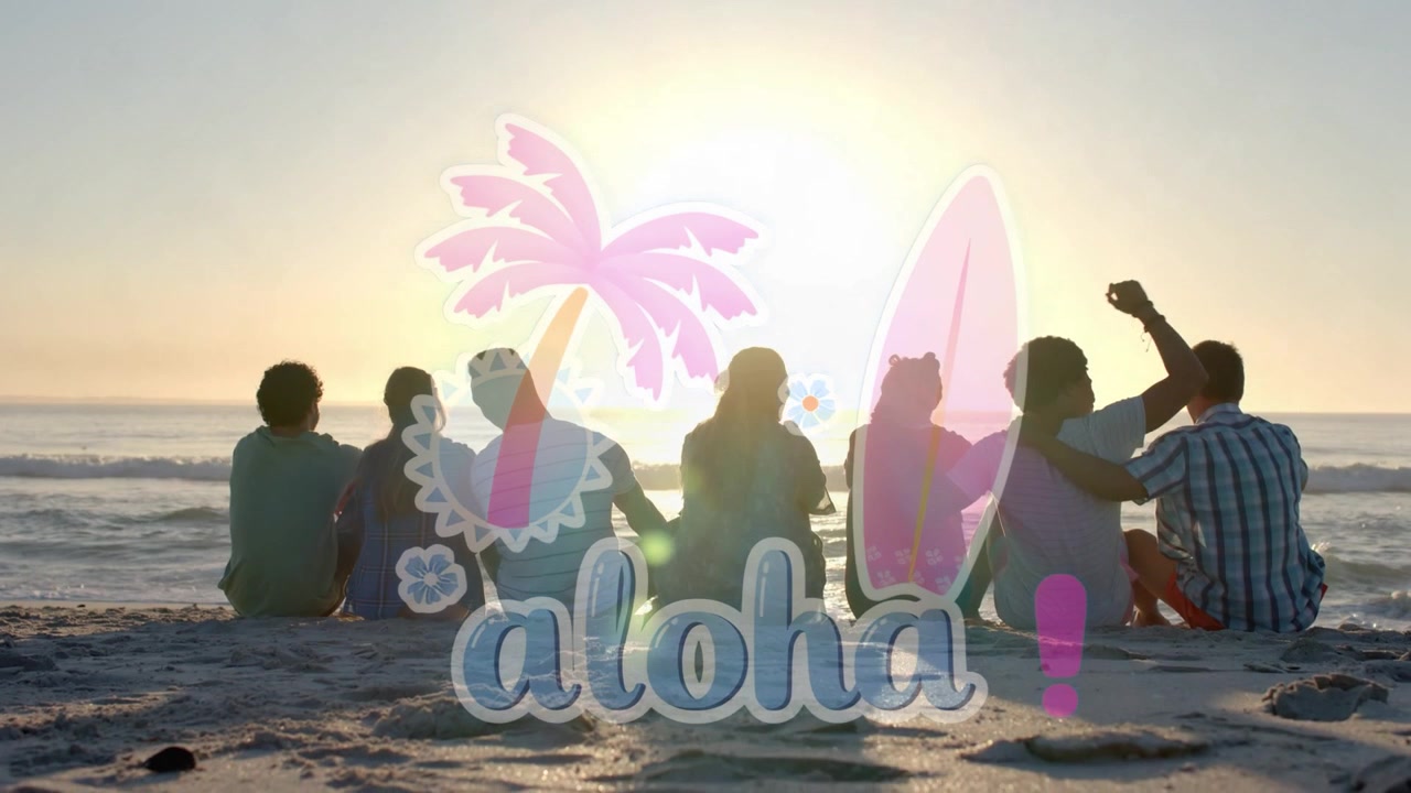 Sette amici seduti sulla sabbia di fronte all'oceano, con una grafica "aloha" che appare e gesti che si sincronizzano per il viaggio.