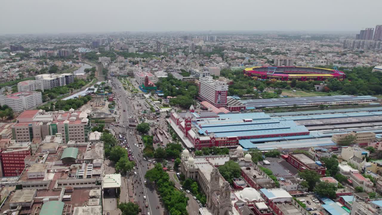 aerial view of chennai central area with railway station, stadium , hospital, etc, daytime, drone shot, 4k, in chennai, tamil nadu, india