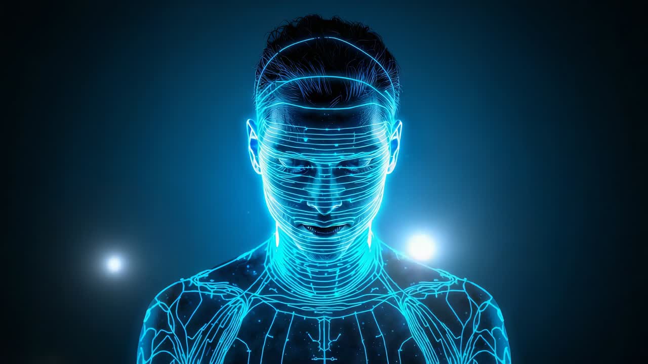 Sfere fluttuanti che passano accanto a un busto blu neon, circuiti pulsanti, che formano una nuvola di particelle in studio