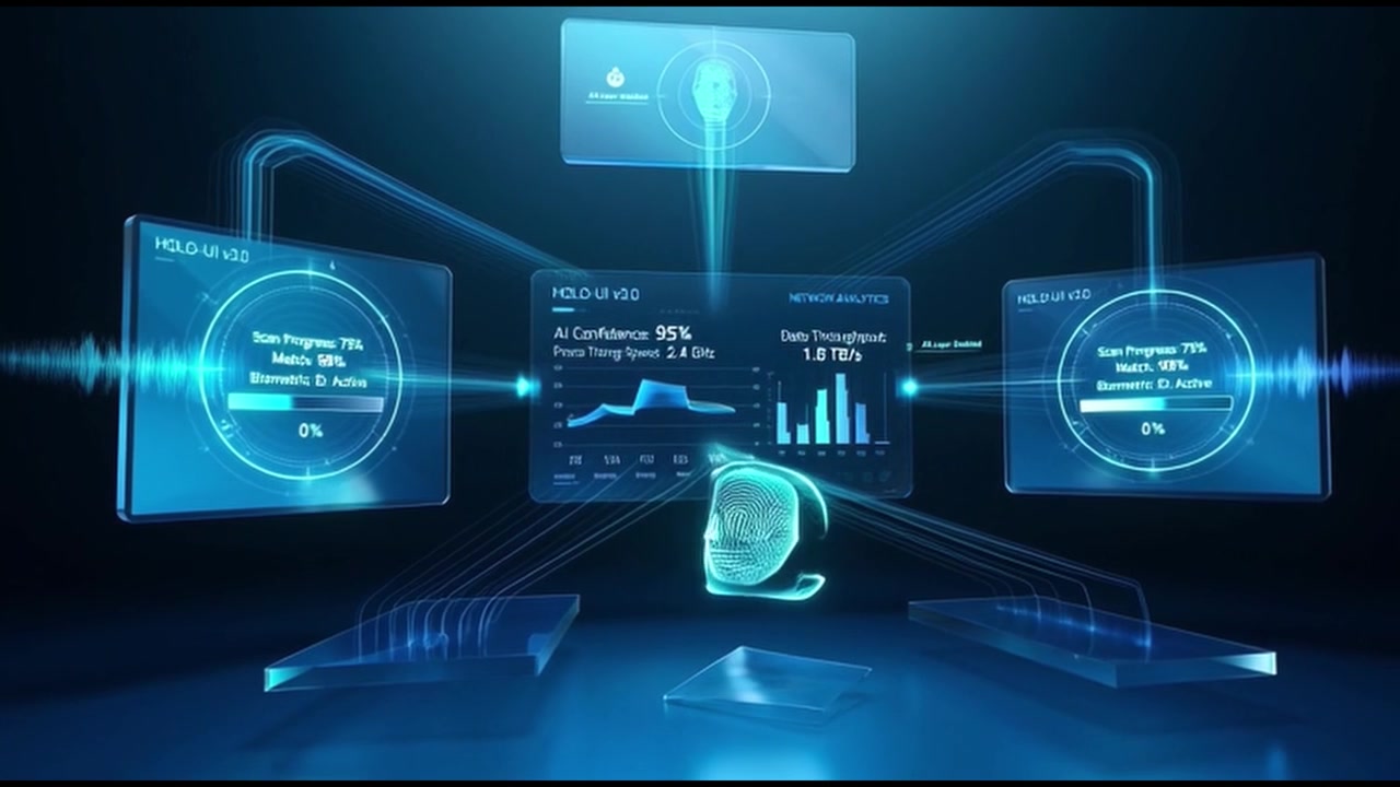 Interface Holográfica Futurista Exibindo Dados Biométricos e Análises de Rede
