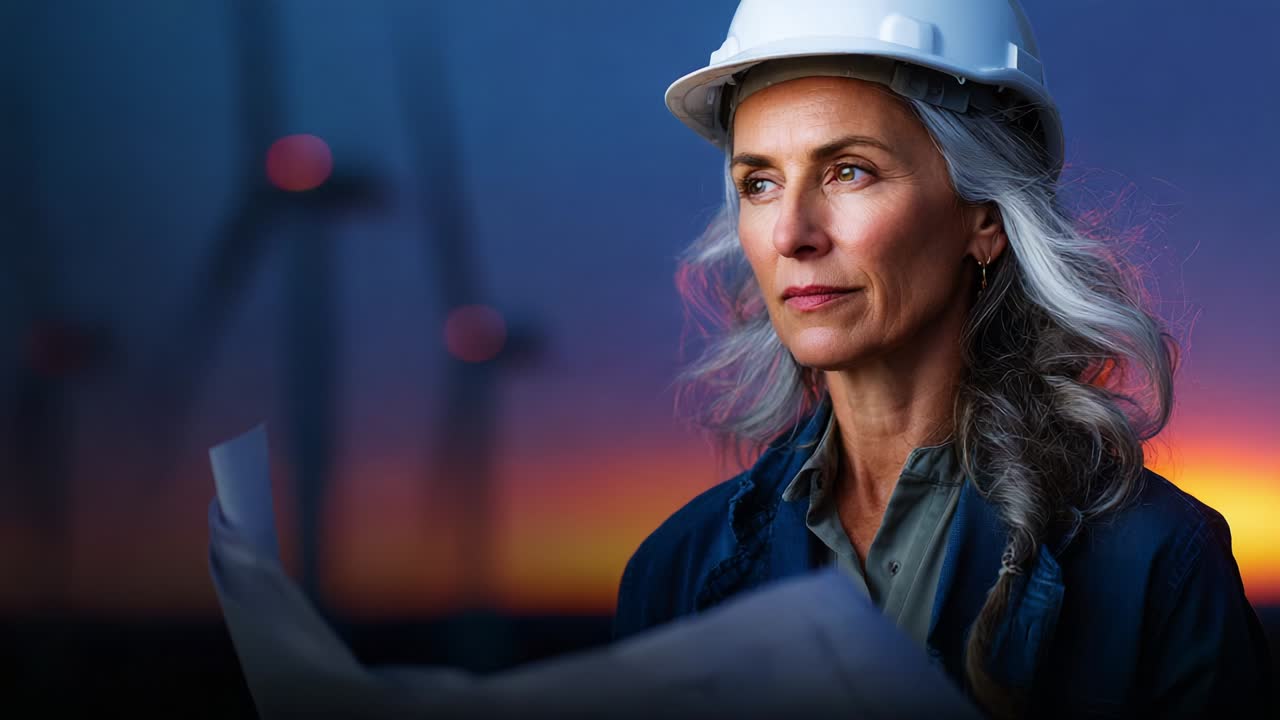 En målrettet ingeniør står selvsikkert og betragter horisonten i skumringen, udstyret med tegninger i hånden, klar til at tackle udfordringer inden for vedvarende energi, mens vindmøller drejer yndefuldt bag hende.