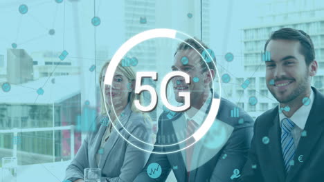 5g text over network of connections icons against business people shaking hands at office