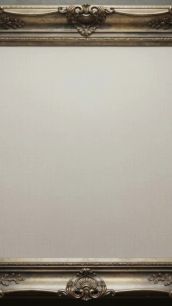 Vertikales Video: Die Kamera wird neu zentriert und zeigt einen verzierten Rahmen an einer Hauswand, der eine leere beige Platte enthüllt.
