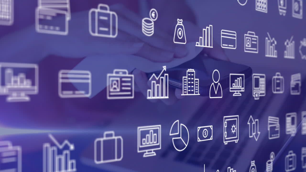 animación de iconos de negocios sobre mujer caucásica limpiando teléfono inteligente