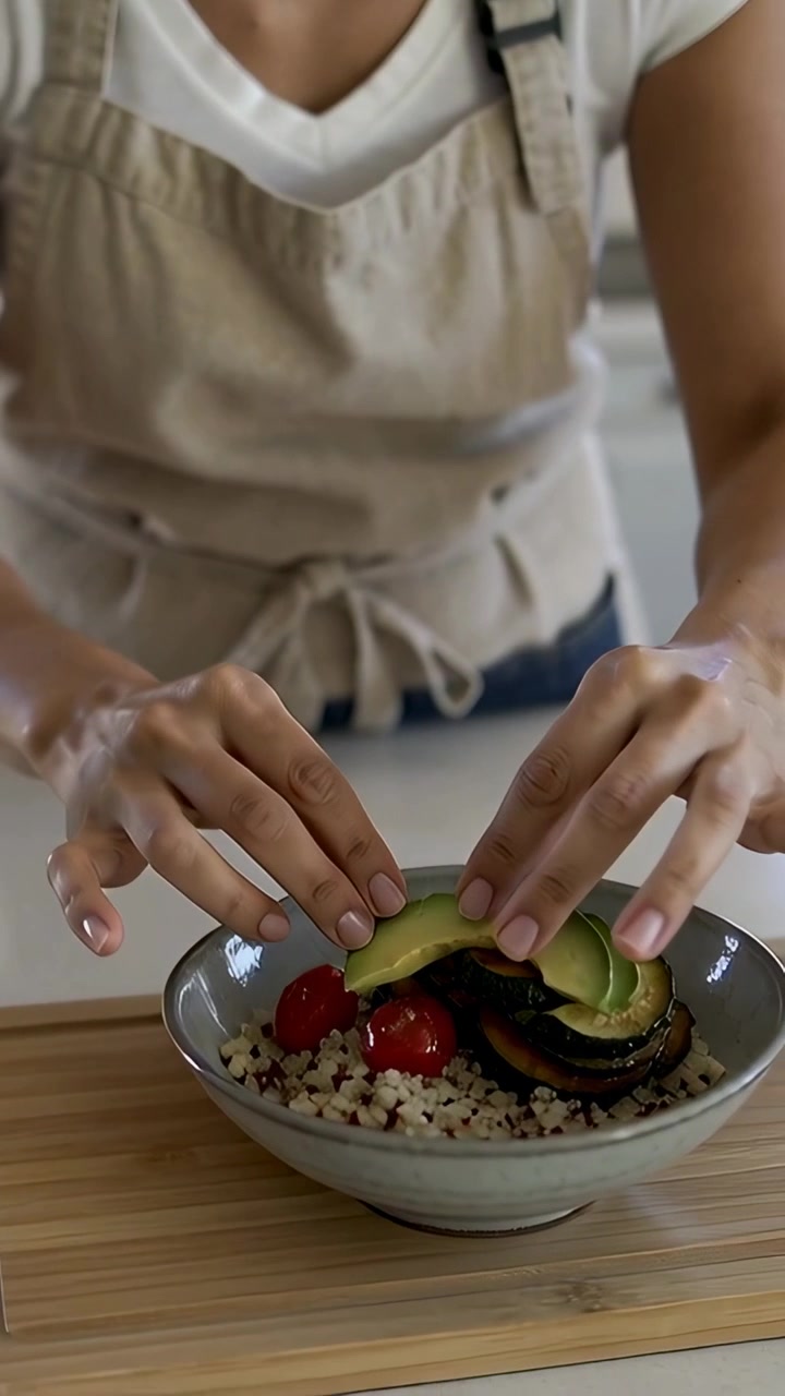 Video vertical: Mujer con delantal beige comenzando a emplatar y colocando aguacate en un tazón de granos en la cocina