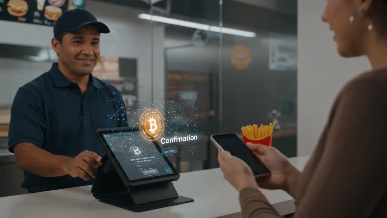 Digital Payment Innovation: A Customer's Seamless Cryptocurrency Transaction Experience at a Modern Fast-Food Outlet with Interactive Technology Integration