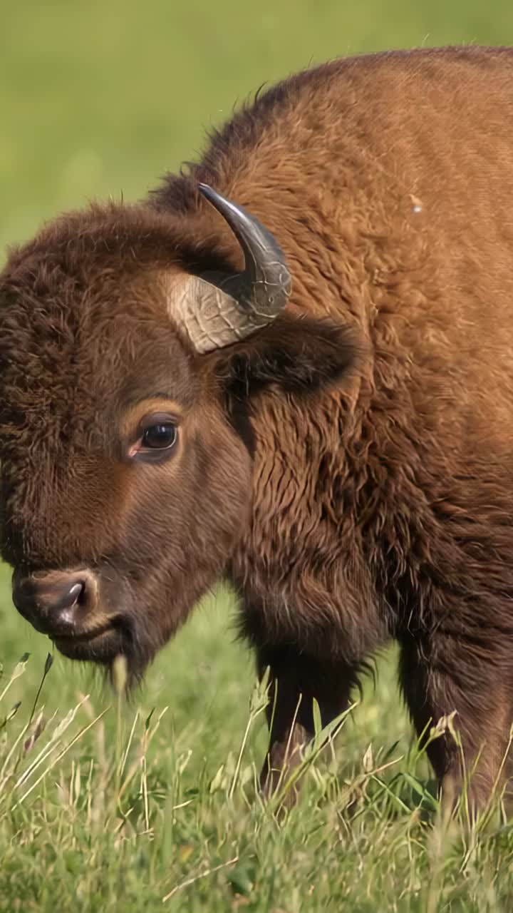 Vertical video: Foraging bison lowering head and nibbling seed heads in meadow with horns and hump