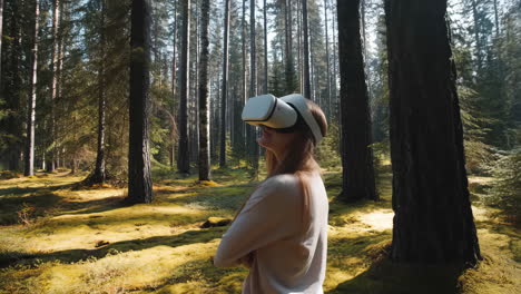 woman in vr headset immersed in a forest environment