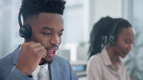 black man, callcenter and phone call