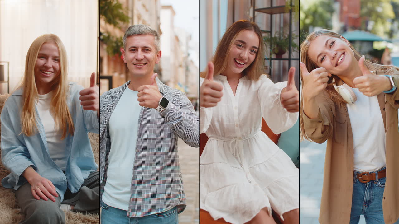 다양한 행복하고 미소 짓는 사람들의 콜라지는 긍정적인 좋은 긍정적인 피드백을 표시하는 것처럼 엄지손가락을 보여줍니다.