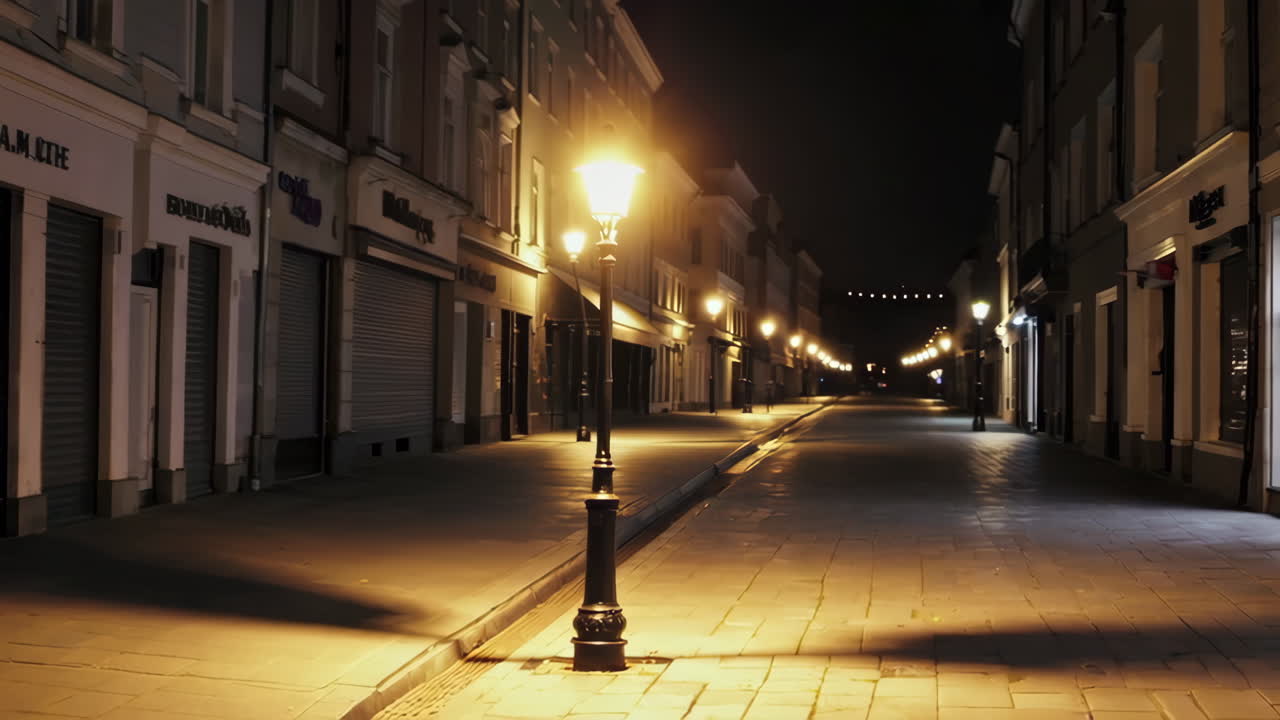 Strada urbana vuota di notte con lampioni luminosi