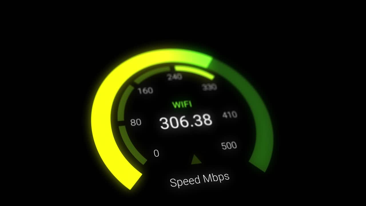 Animation of yellow speedometer over black background