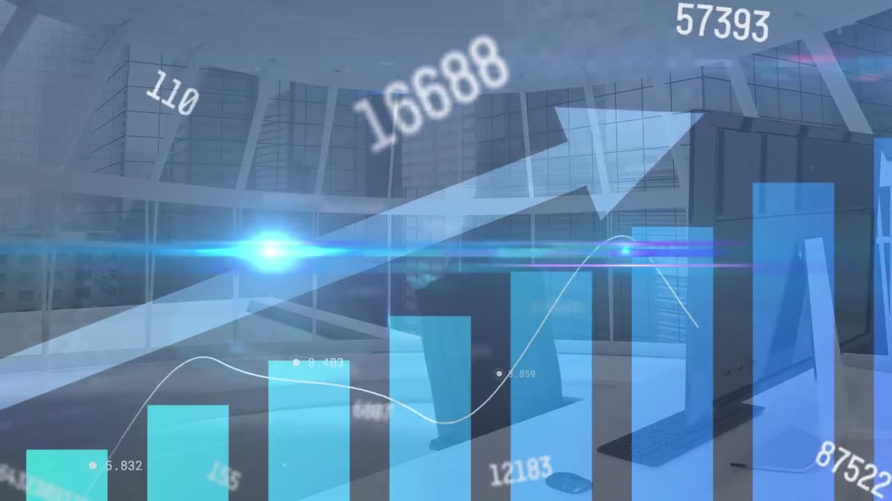 3d 사무실 모델에 대한 변화하는 숫자, 막대 그래프 및 파란 빛 스 ⁇ 의 애니메이션